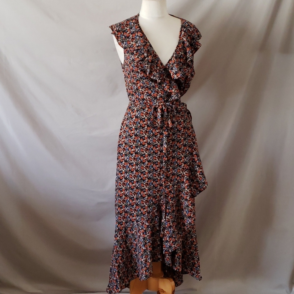 Max Studio Patterned Ruffle Wrap Midi Dress